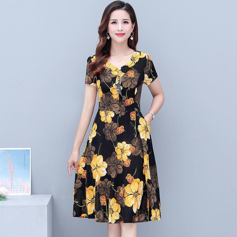 Women's Dress Plus Size Long Skirt Over-the-knee Skirt V-neck Floral Dress A-line Version Short-sleeved Waist and Slim Dress