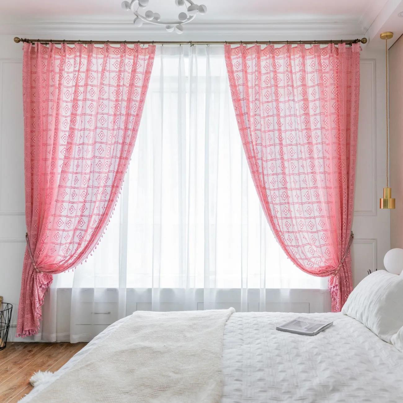 Handmade Cotton Translucent Retro Hollow Curtain Finished Nordic Country Fabric Floor-to-ceiling Screen