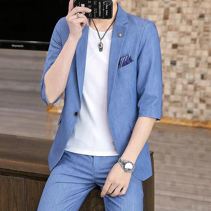 Summer Suits Three-quarter Sleeves Young Men Self-cultivation Handsome Men's Small Suits Trendy Short-sleeved Jackets Men