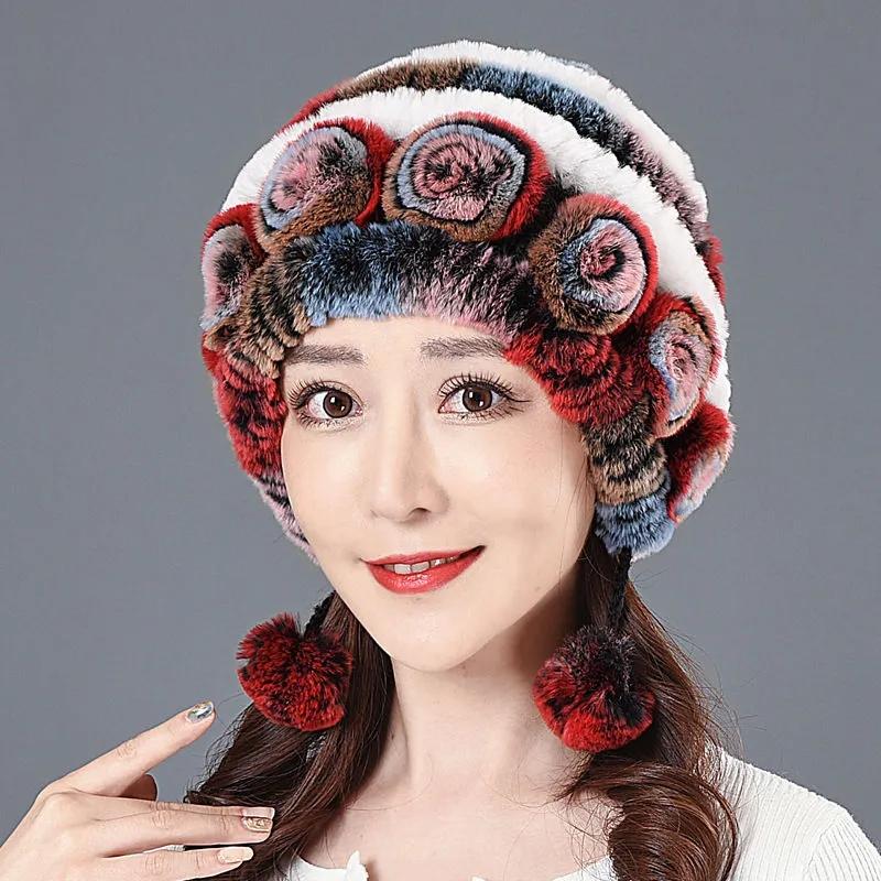 Women's Rex Rabbit Fur Hat Autumn and Winter Elegant Floral Warm Mother's Ear Cap Fur Hat Thick Bib Fur Hat All-match Ear Protection Hat