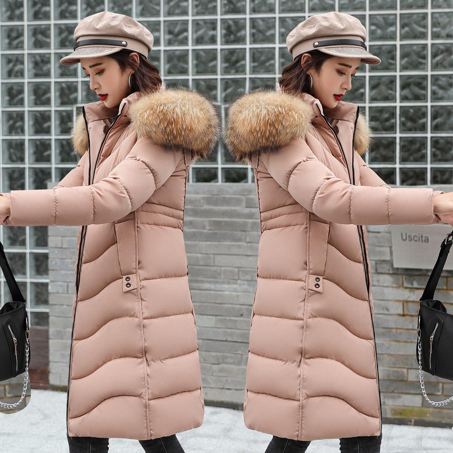 Women's Fashion Down Cotton Padded Jacket Long Style Over The Knee Thickened Warm Women's Parka Coat Hooded Fur Collar Coat