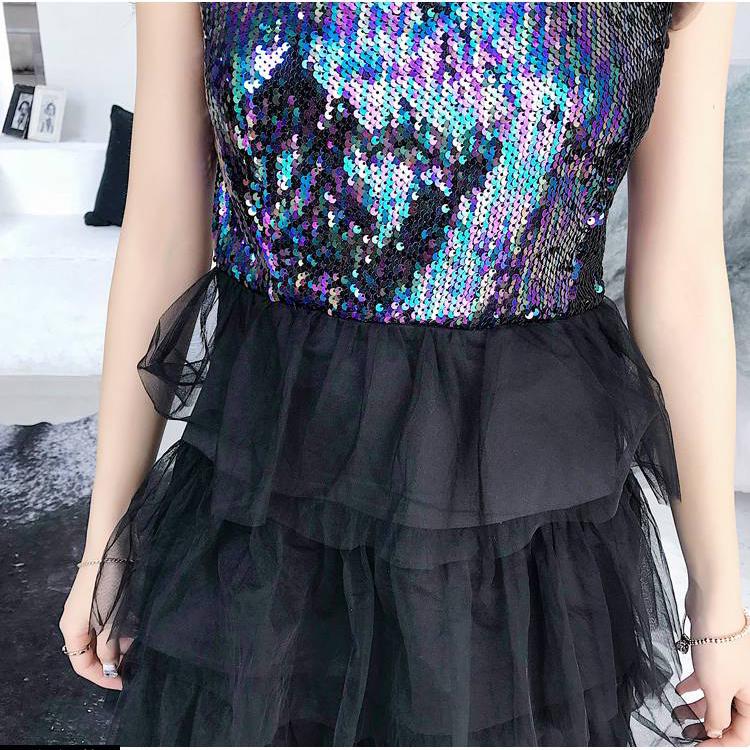 Mesh Sleeveless Sequins Party Dress Women Sequined Dress Elegant Sleeveless Layered Knee Vestidos