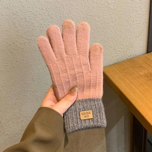 Women's Autumn and Winter Gloves Thickened Cold Proof Touch Screen Warm Knitted Mittens Full Finger Riding Woolen Knitting Matching Gloves