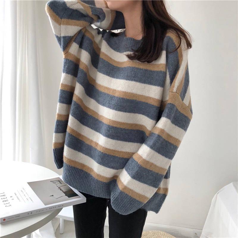 Pofulove  Hit Color Striped Sweater Women Korean Lazy Loose Was Thin Bottoming Sweater Fashion