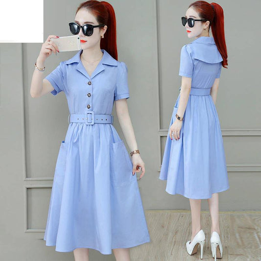 Dress Femininity Waist Fairy Skirt Short-sleeved Mid-length Skirt Casual Skirt Stand-up Collar Short-sleeved Mid-length Skirt