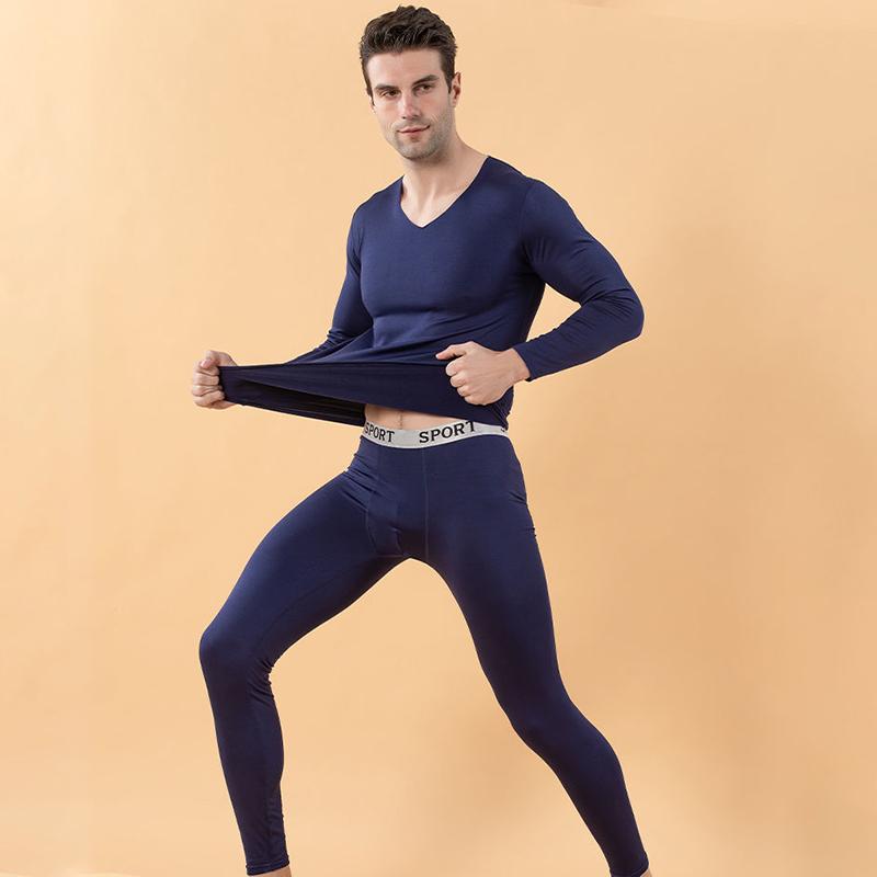 Men Winter Thermal Underwear V-neck Tops Pants Male Autumn Clothes Tight Suit Thicken Windproof Comfortable Soft Lining Long Sleeve High Elasticity