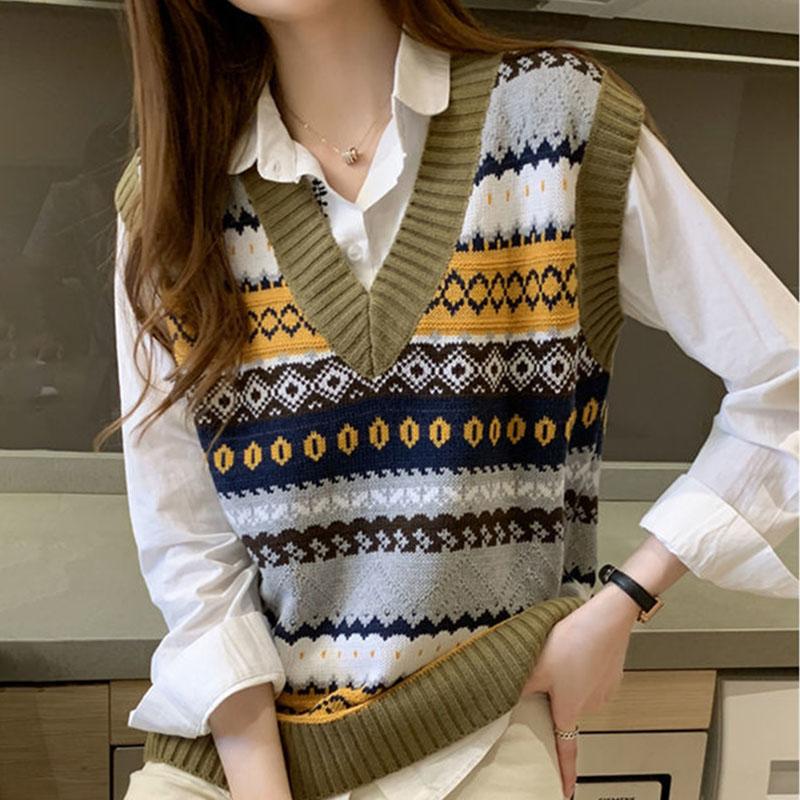 Vintage Printed Sweater Vest Women All-match Short Loose Pullover Vest Outer Wear Sweater Tank Tops