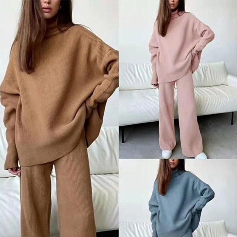 2PCS Long Sleeve Sweater Wide Leg Pants Trousers Loose Turtleneck Knit Sweater Casual Two Piece Sweater Set Solid Color Sweat Suits For Women