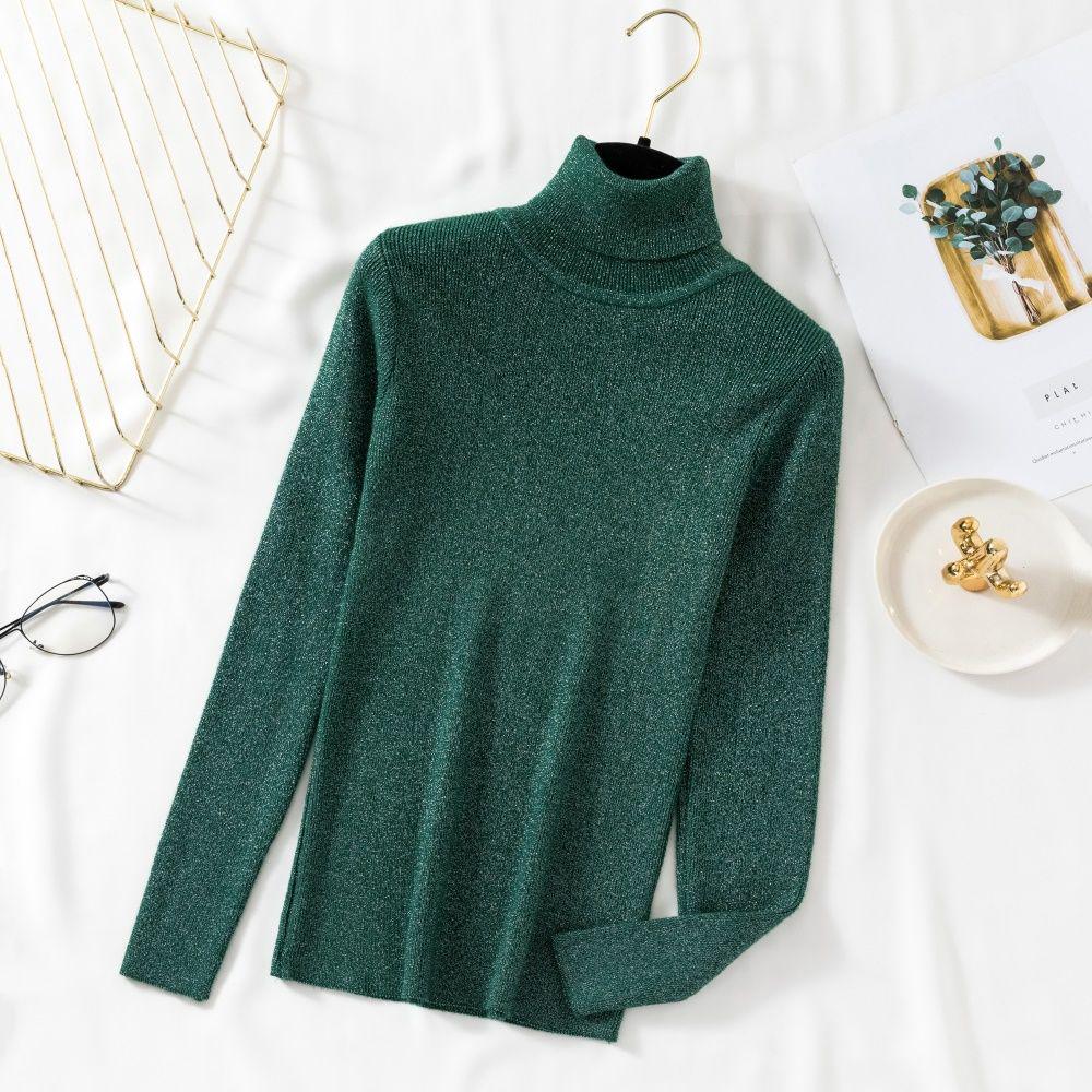 Shiny Lurex Winter Sweater Women Long Sleeve Pullover Basic Sweater Turtleneck Korean Knit Top Femme