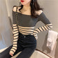 Autumn Retro Hit Color Striped Sweater Turtleneck Pullover All-match Long-sleeved Sweater Women's Slim Bottoming Shirt Top Tide