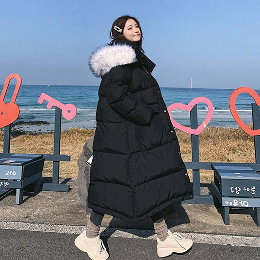 Winter Mid-length Loose Down Cotton Jacket Ins Style Big Fur Collar Over The Knee Coat Pure Color Simple Female Cotton Jacket