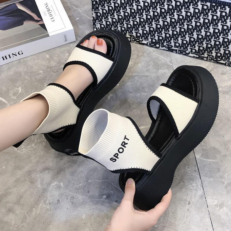 Summer Knitted Turtleneck Hollow Fish Mouth Sandals Non-slip Platform Platform Shoes Women's Elastic and Comfortable Sandals