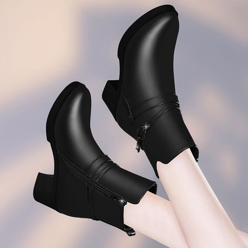 Round Toe Square Heel Women Boots Buckle Ankle Boots Women Shoes Zipper High Heel Boots Shoes Woman