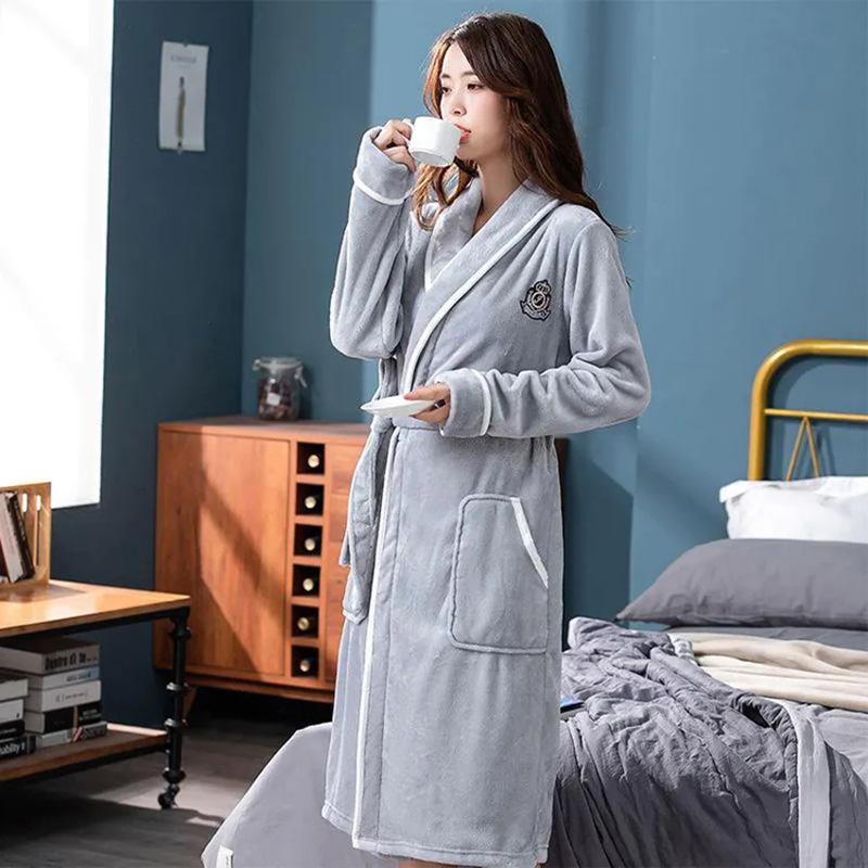 Women's Winter Flannel Pajamas Robe Plus Size Bathrobe Loose Home Wear With Belt Plus Velvet Thick Nightdress Warm Flannel Bathrobe