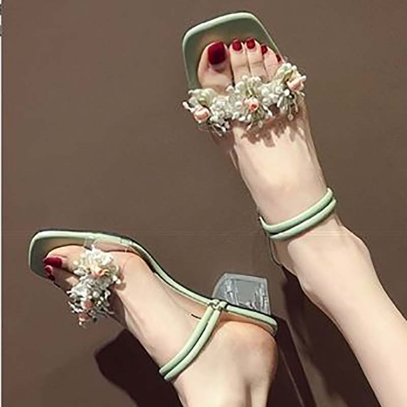 Sandals Female Spring and Summer Fairy Style Korean Fashion Flower High-heeled Two-wear Thick-heeled Slippers