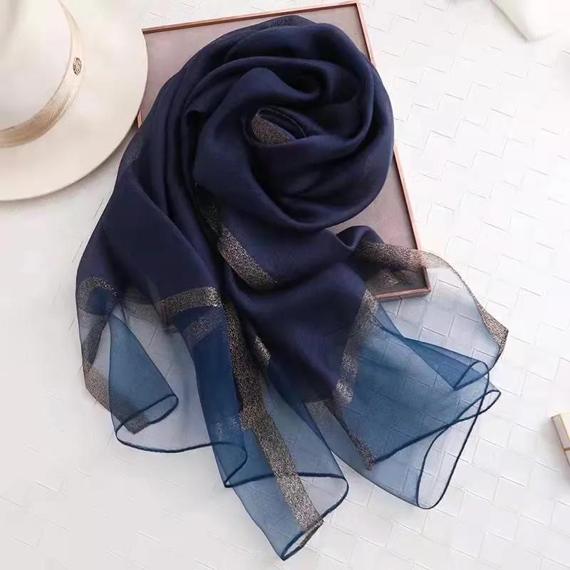 Women's Autumn and Winter Mulberry Silk Scarf Fine Silk Scarf Pure Color Striped All Match Shawl Warm Gauze Scarves Elegant Wrap Shawl Thermal Scarf