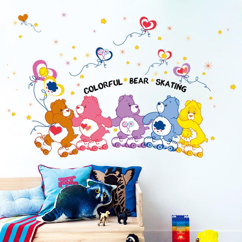 Colorful skating bear cartoon wall stickers background decorative stickers bear family wallpaper