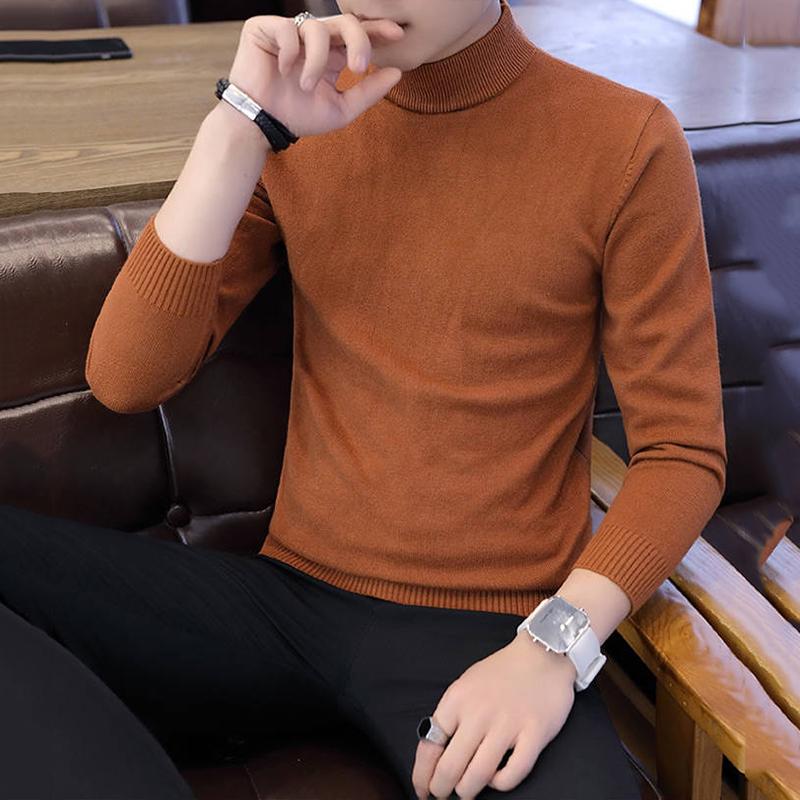 WTEMPO Men Pullover Solid Color Half Turtleneck Sweater Winter Warm Knitted Sweater Soft Casual Pullover