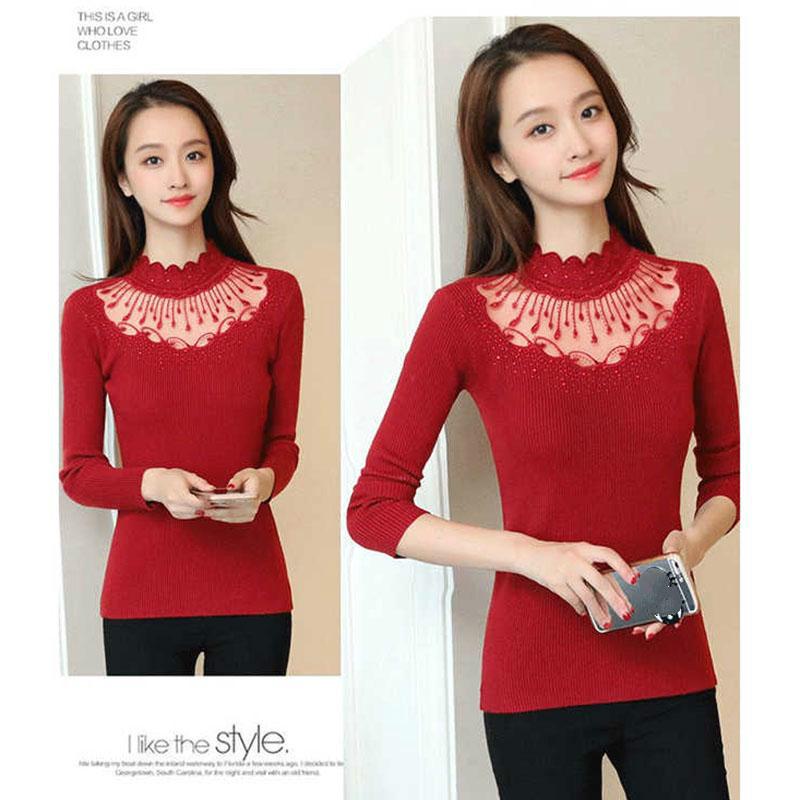 Pofulove Winter Turtleneck Sweater Women Lace Rhinestone Long Sleeve Bottoming Sweater Slim Knit Pullover