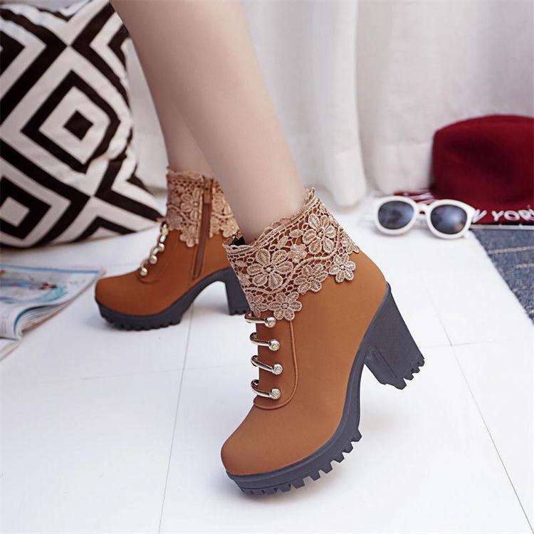 Women's Boots High-heeled Shoes Snow Boots Winter Fur Thick Ankle Boots  Plus Velvet Cotton Shoes