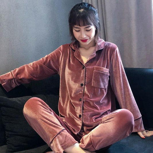 Gold Velvet Pajamas Lapel Large Size Solid Color Can Be Worn Outside Home Service Suit Is Soft Comfortable Light and Breathable