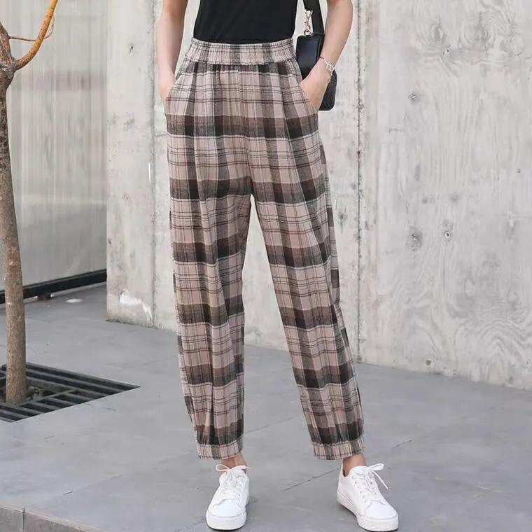 Women's Spring Summer Large Size Elastic Waist Harem Pants Female Casual Wide Leg Loose Plaid Jogging Pants