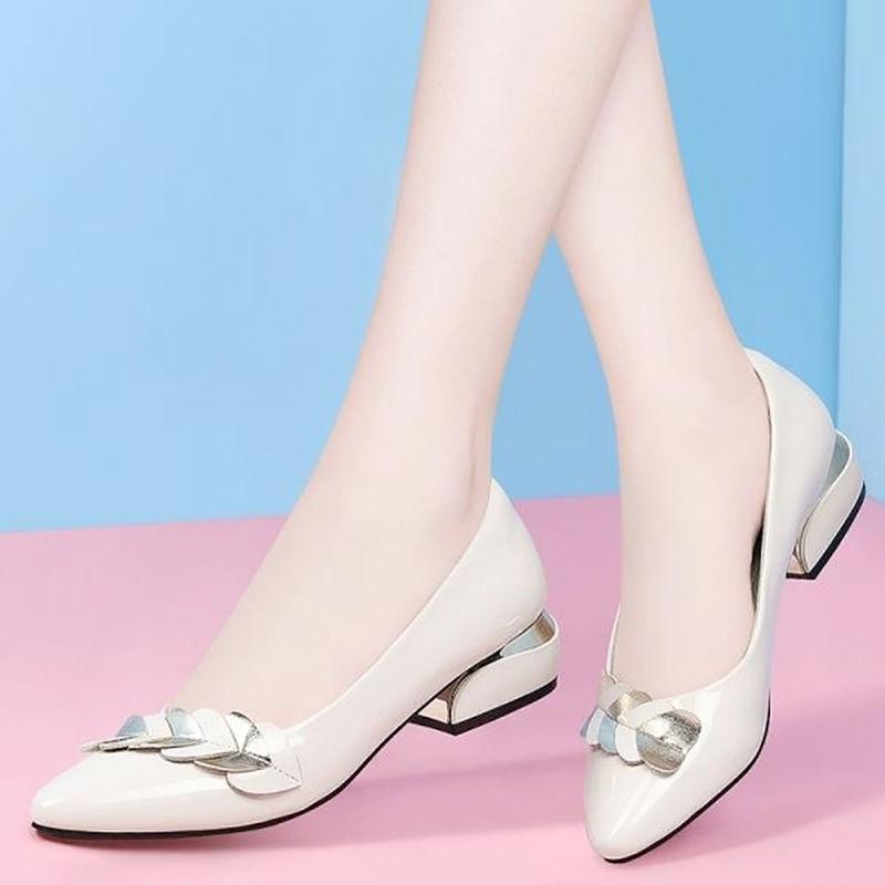 Women's Non-slip Pointed Toe Shoes Low Heel  Soft Sole Thick Heel Work Shoes Pu Leather Shoes Women