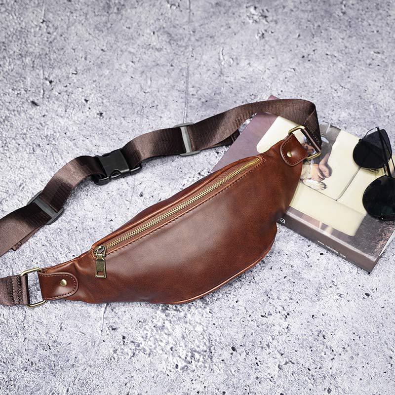 Retro Waist Bag Men Brown Leather Chest Bag Mobile Phone Bag Outdoor Sports Shoulder Bag