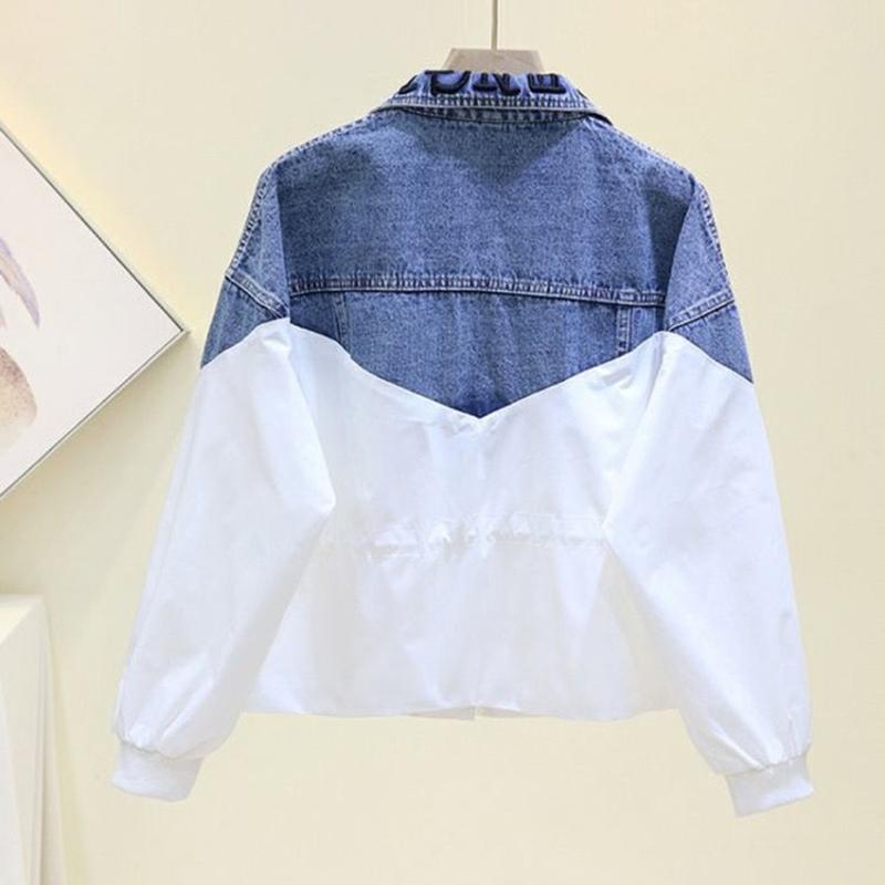 Spring and Autumn Waist Thin Embroidery Stitching Contrast Color Hole Washed Denim Short Jacket Top Ladies Casual Long Sleeve Jacket