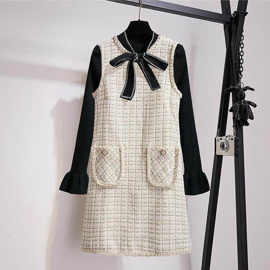 Woolen Vest Skirt Women's Autumn and Winter Small Fragrance Style Bottoming Dress Two-piece Suit Sweet Retro Style