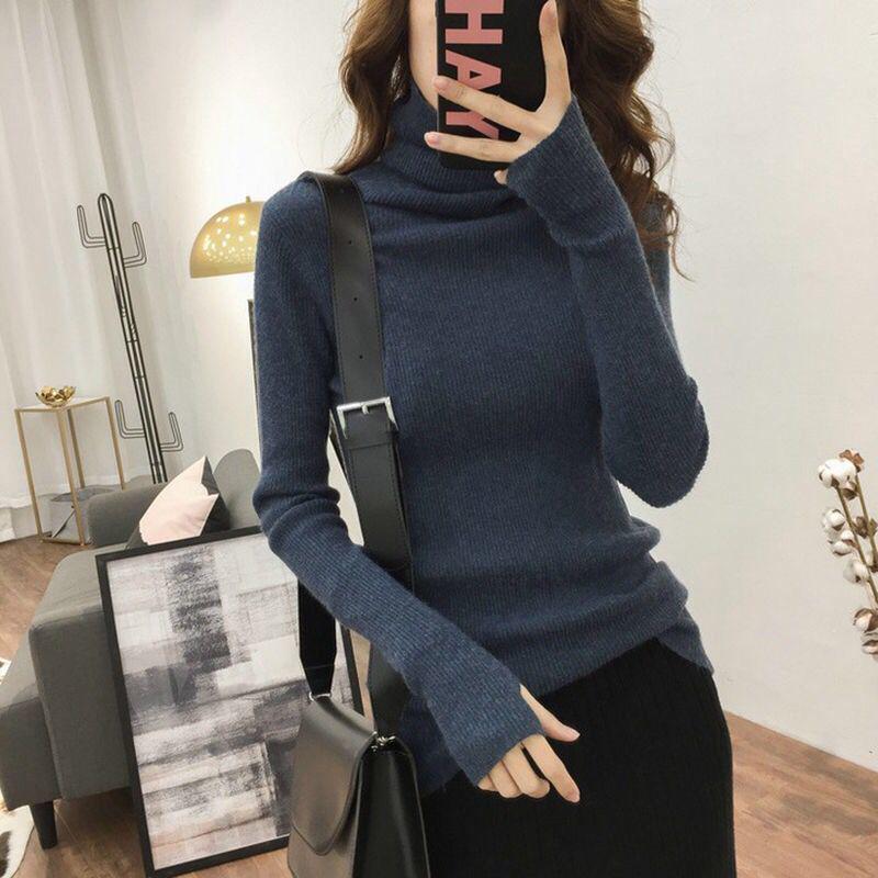 Autumn and Winter High-necked Tops Slim Free-neck Casual Sweater Women's Long-sleeved Pullover Bottoming Sweater Slim All-match Outer Wear