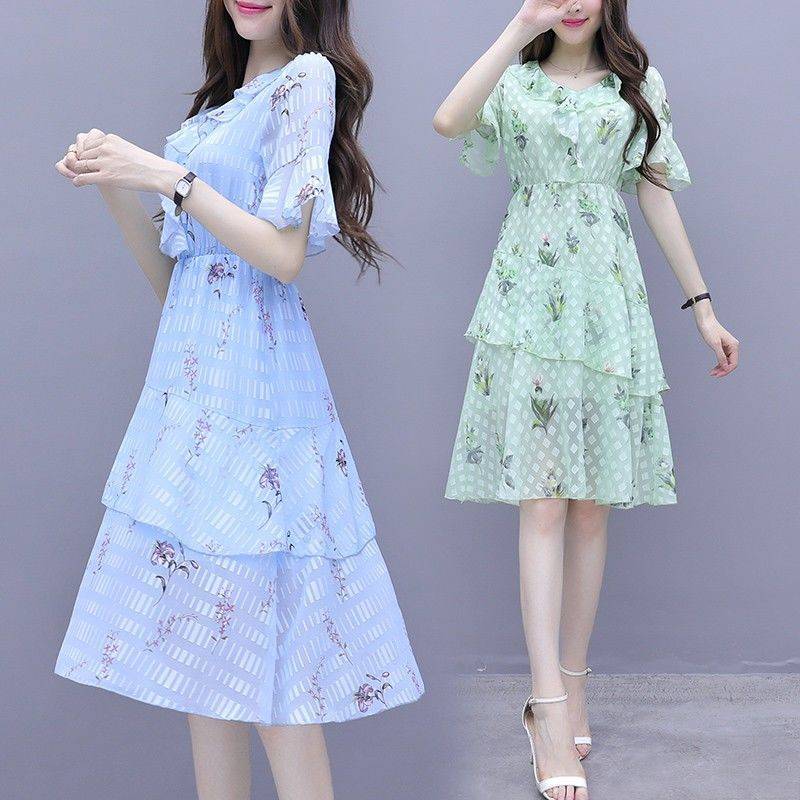 Chiffon Mid-length Dress French Skirt Sweet Knee-length Mid-length Dress A-line Version Waist Slimming Large Skirt Fabric Light and Breathable