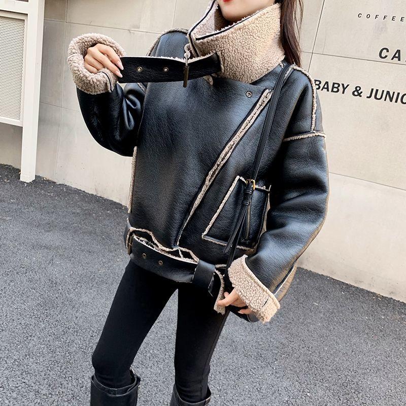 Winter Fashion Cool Plus Cotton Women's Warm Lamb Wool Short Coat Thicked Motorcycle Leather Coat Big Lapel Jacket Girl Winter Clothes Parka Coat