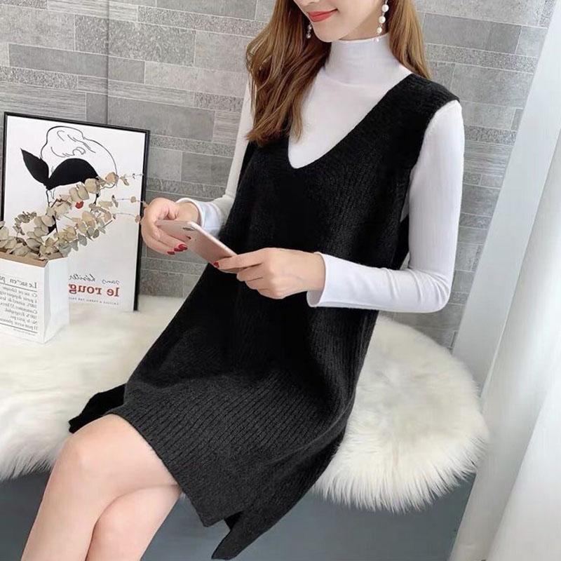 Autumn and Winter Long Knitted Sweater Loose V-neck Versatile Dress Casual Solid Color Women's Vest Dress