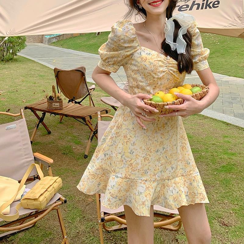 Female Vintage Slim Floral Print Spring Holiday Dress Bubble Sleeve High Waist A-line Elegant Dress