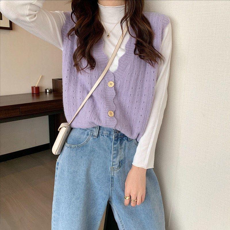 Hollow Knit Sweater Vest Vest Women Lazy Loose Short Sweater Waistcoat Outer Wear All-match Cardigan Vest Sweet Style