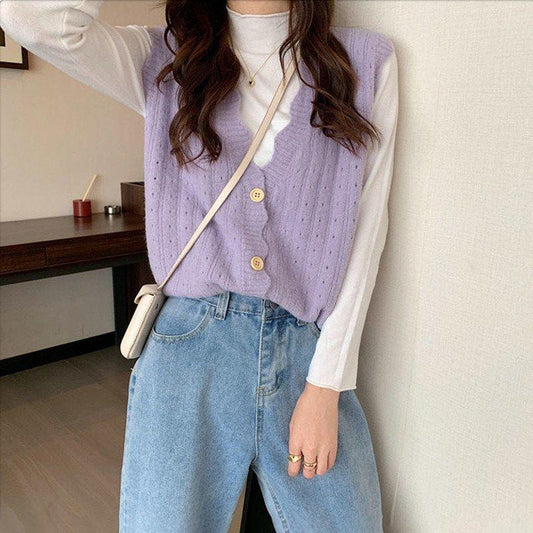 Hollow Knit Sweater Vest Vest Women Lazy Loose Short Sweater Waistcoat Outer Wear All-match Cardigan Vest Sweet Style