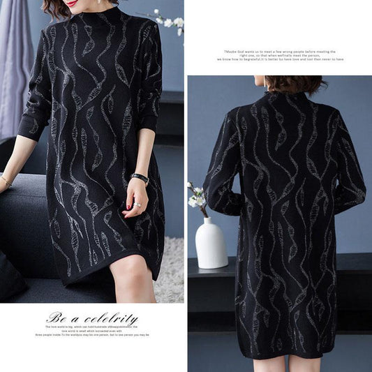 Autumn and Winter Mid-length Plus Size Bottoming Shirt Fashion Knitted Casual Dress Bright Silk Middle-aged Women Sweater Dress