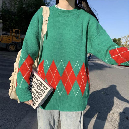 College Style Loose Outer Wear Casual Retro Diamond Plaid Pullover Sweater Female Student Knit Sweater Top Autumn  Winter