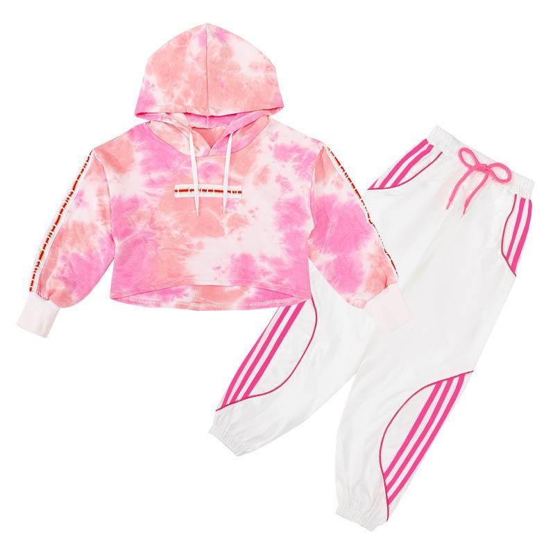 Girls Spring and Autumn Suits Children's Hip-hop Casual Cartoon Tie-dye Pullover Sports Trousers Loose and Breathable Two-piece Suit