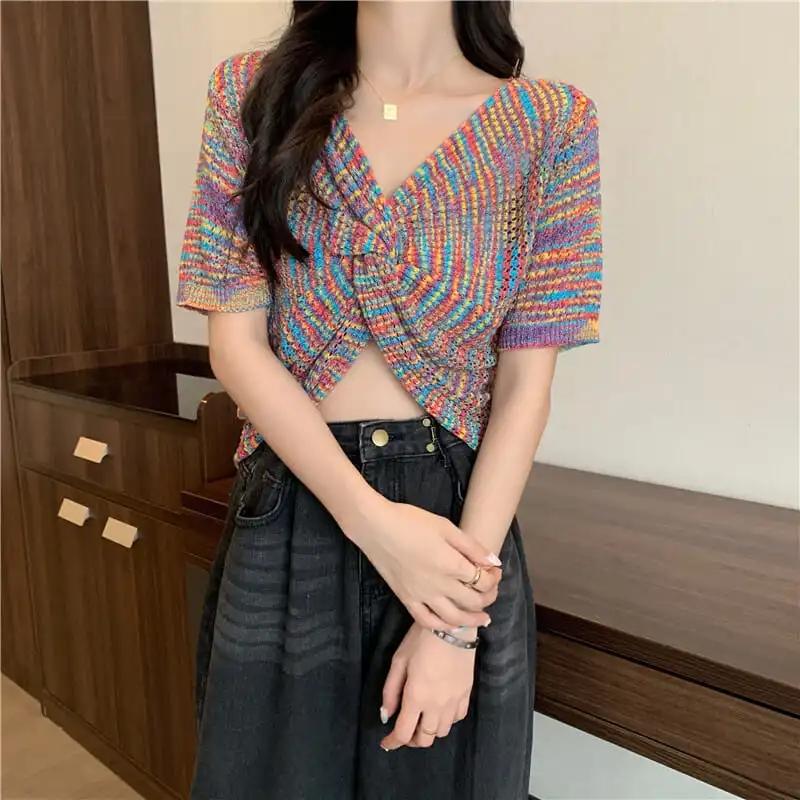 Knitted Short-sleeved Top Women's Summer Thin French Design Sense V-neck Kink Short Top Personality Trend Pullover Shirt Striped Colorful T-Shirt