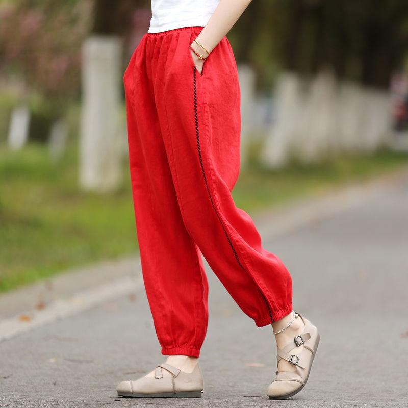 WTEMPO Cotton and Linen Embroidered Pants Summer Bloomers Women High Waist Harem Pants Loose Casual Trousers