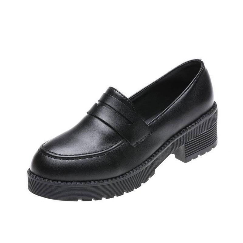 Small Leather Shoes Thick Heels All-match Work Work Professional Black British Style Lazy Shoes Single Shoes Women's Soft Uppers