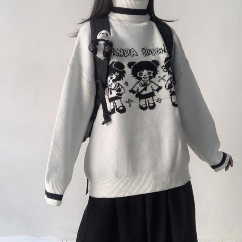 Autumn Winter Color Matching Thick Turtleneck Sweater Female Student Casual Loose Pullovers Cartoon Knitted Jacket Top