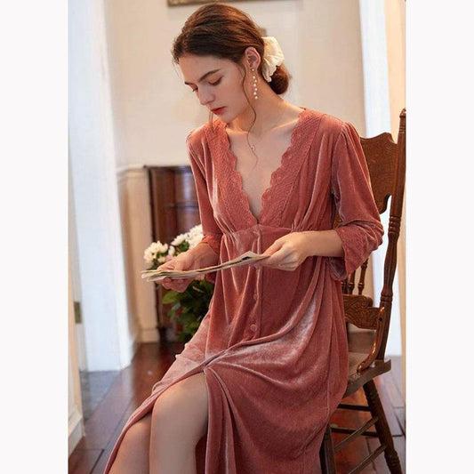 Women's Nightdress Pajamas Long Skirt Spring Autumn Winter Summer French Retro Romantic Long-sleeved Gold Velvet Homewear Out Wear Nightdress