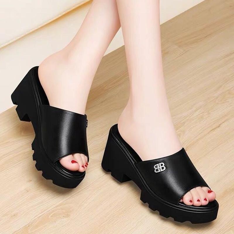 Thick-heeled Slippers Women's Summer Thick-soled Outer Wear Mid-heel All-match Fish Mouth Sandals High-heel Sandals and Slippers Lightweight