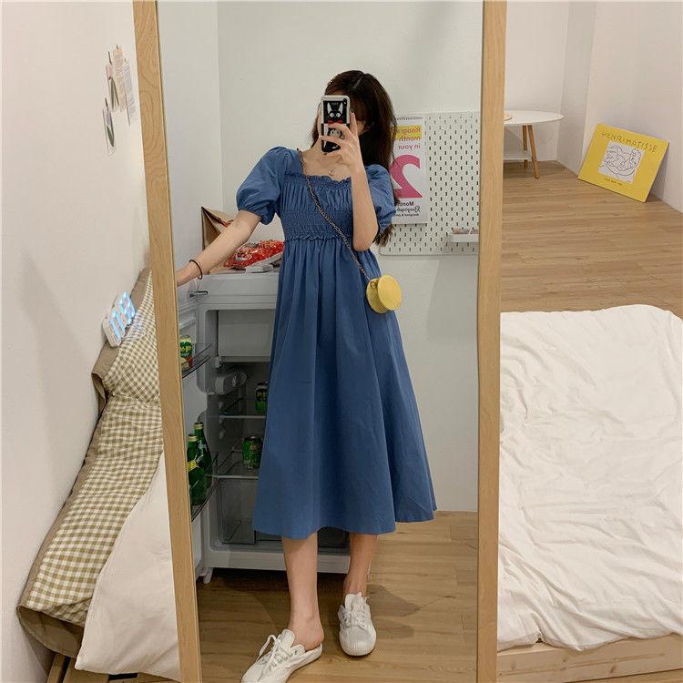 Women's Summer Retro French Over The Knee Long Close Waist Slim Foam Square Neck Short Sleeve Dress