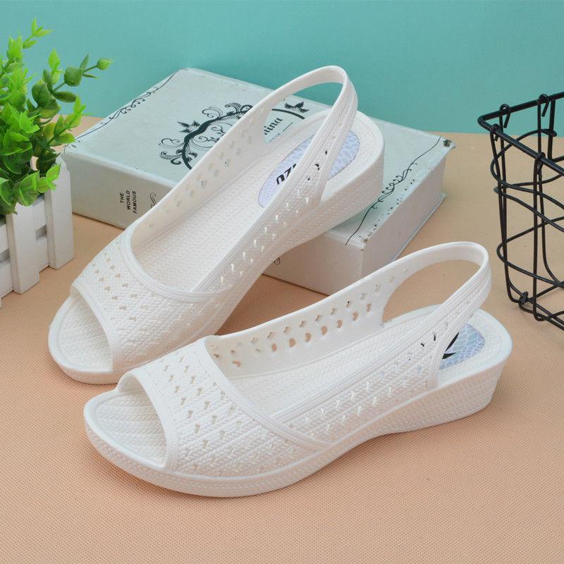 Women's Summer Hole Shoes Wedge Heel Casual Fish Mouth Sandals Soft Bottom Non-slip Beach White Nurse Shoes