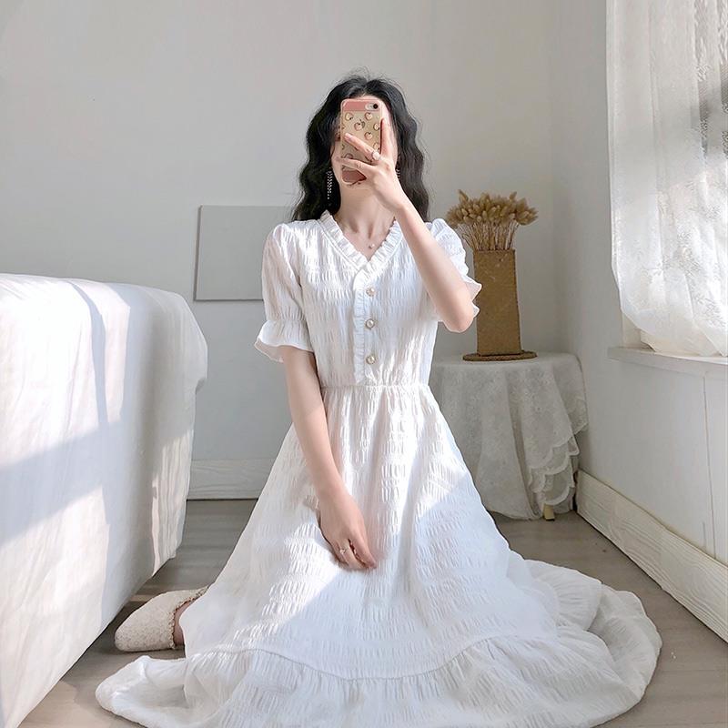 Summer French Retro Temperament Small Fragrance White Dress Chiffon White Dress V-neck Short-sleeved A-line Dress Sweet and Cute