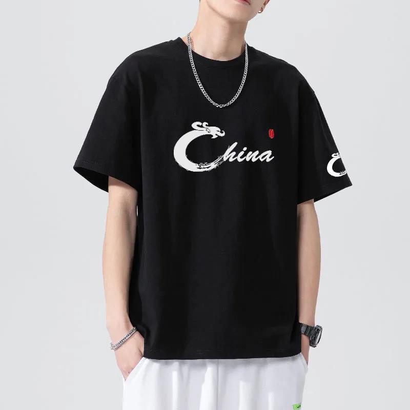 Summer T-shirt China Alphabet Print Tees O-neck Short Sleeve Thin Shirt Chinese Style Casual Loose Pullover Men Clothing